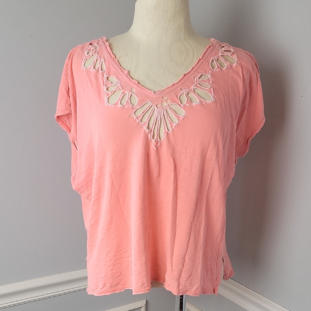 FREE PEOPLE Neon Coral Pink Retro 80s Cut Out Oversized Bohemian Cropped Top